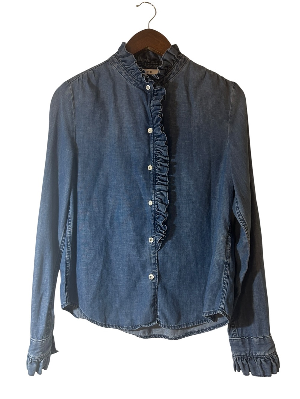 FRAME Springfield Ruffle Chambray Button Front Blouse Size Small Tencel Cotton L